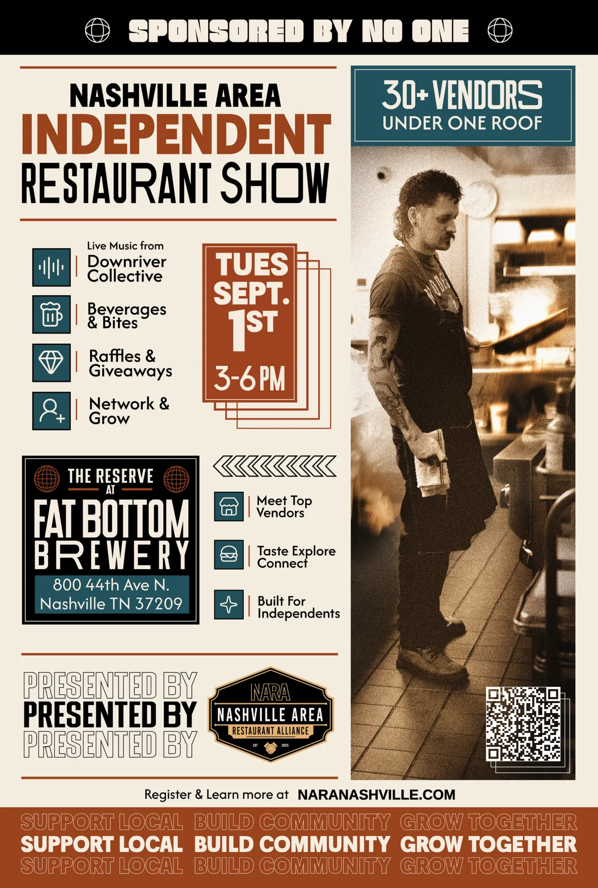 NARA Nashville Area Independent Restaurant Show, Tuesday September 1, 3 to 6 PM at The Reserve at Fat Bottom Brewery. 30+ vendors, live music. Register at naranashville.com